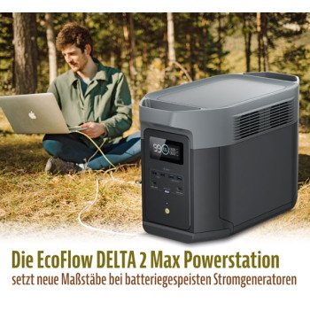EcoFlow DELTA 2 Max Tragbare Powerstation, 2048 Wh LiFePO4 Akku, 2400W AC-Ausgang (X-Boost 3100W), 80 Min Schnellladung